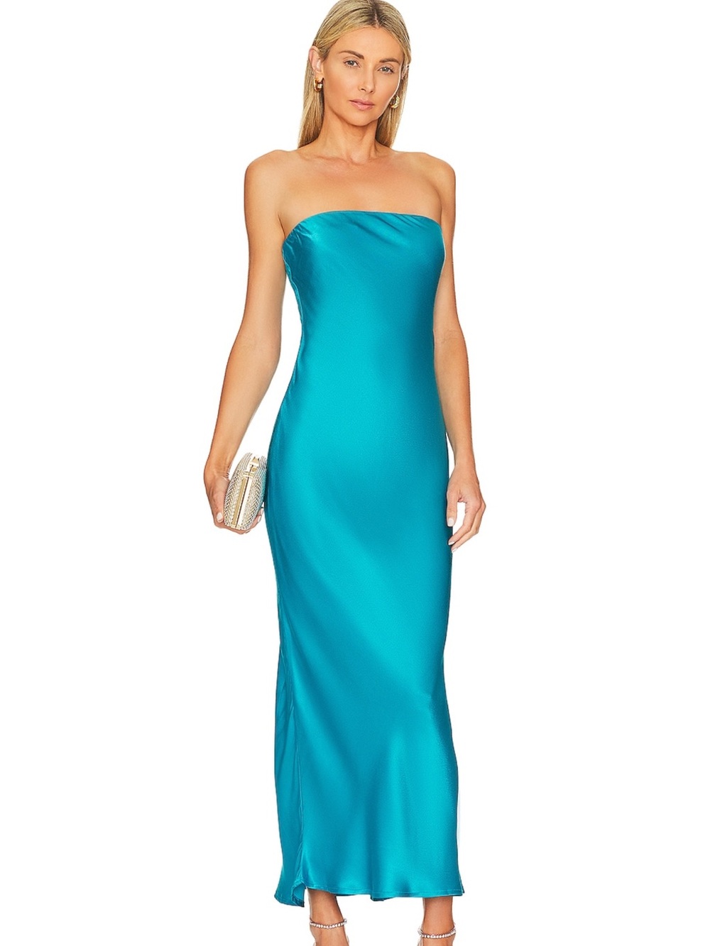 Strapless Teal Satin Maxi Dress